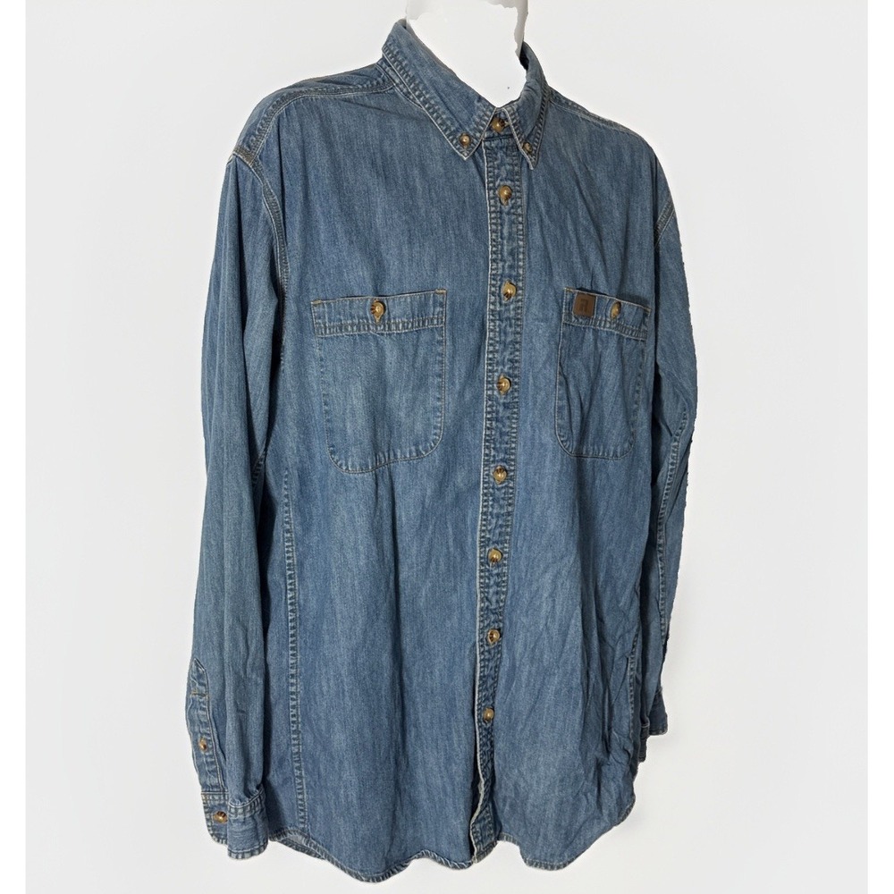 Wrangler Riggs Workwear Denim Shirt Mens XLT Blue Long Sleeve Button Up Tall